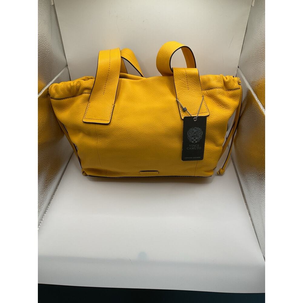 Vince Camuto Yellow Pebbled Satchel Top Handle Detachable Strap Drawstring Zip - Picture 3 of 6